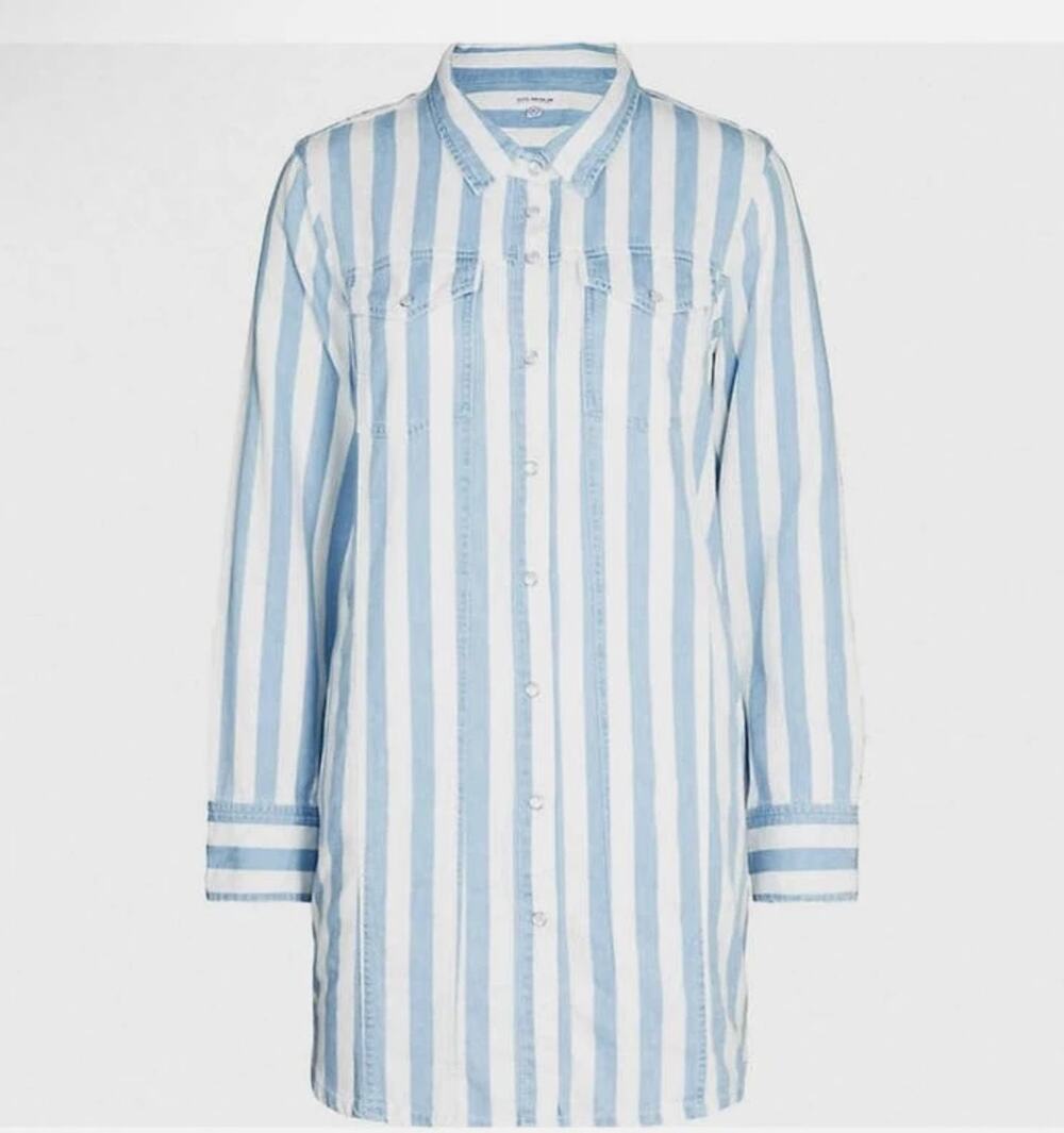 Good American Blue White Shirt Dress Cotton Striped Collared Pearl Snap Size 0